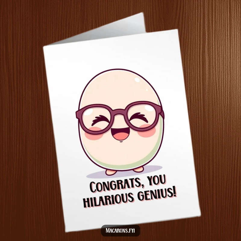 Funny Free Printable Congratulations Card: Cute macaron character wearing oversized goofy glasses, caught mid-giggle.