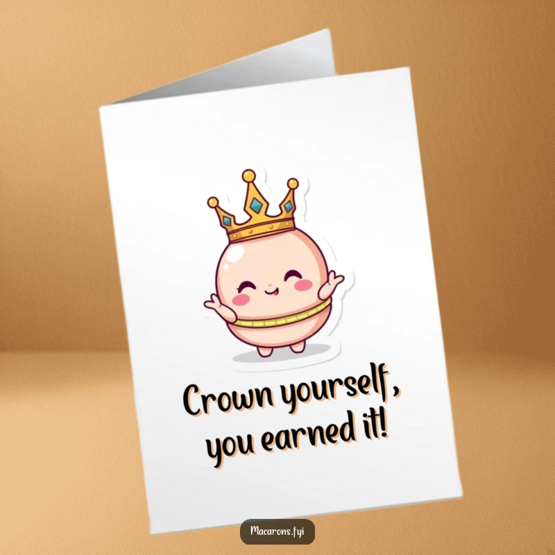 Funny Free Printable Congratulations Card: Cute macaron character in a small crown, posing like royalty with a silly grin.