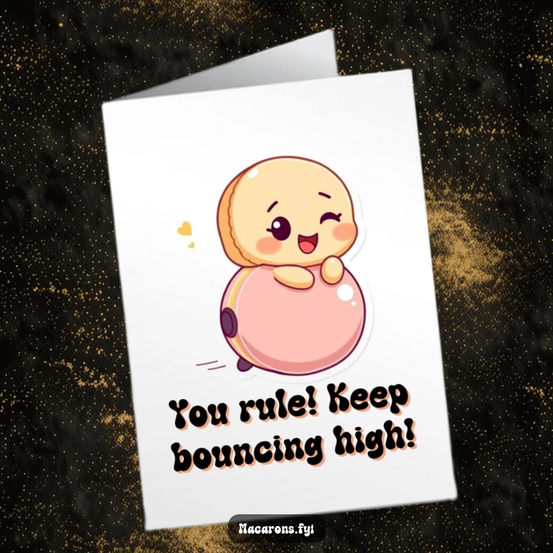 Funny Free Printable Congratulations Card: Winking macaron joyfully riding a bouncing ball, celebrating achievement. A triumphant downloadable.