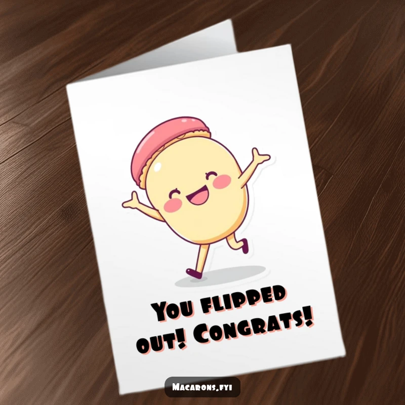 Funny Free Printable Congratulations Card: A macaron doing a cartwheel with a wide, happy grin, symbolizing joyous success.