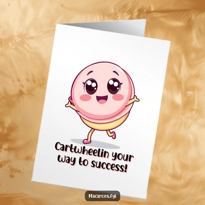 Funny Free Printable Congratulations Card showing a kawaii macaron character performing an energetic cartwheel with sheer delight.
