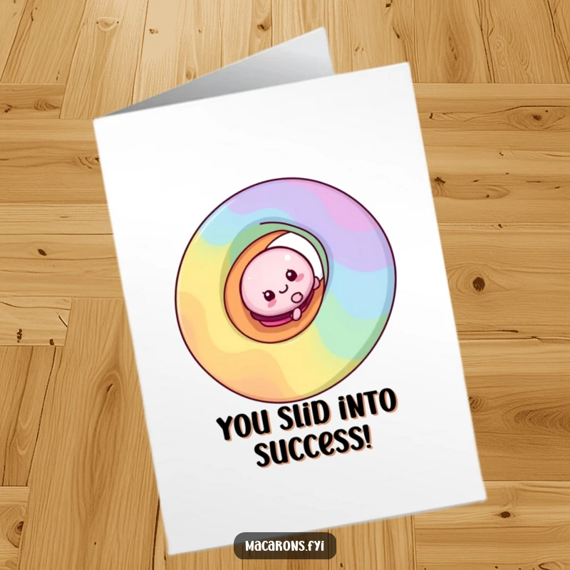 Funny Free Printable Congratulations Card: Cute macaron character gleefully riding a rainbow swirl, perfect for celebrating wins.