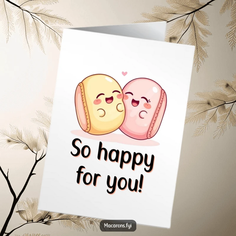 Funny Free Printable Congratulations Card: Two macarons playfully leaning into each other, sharing a private, happy giggle.