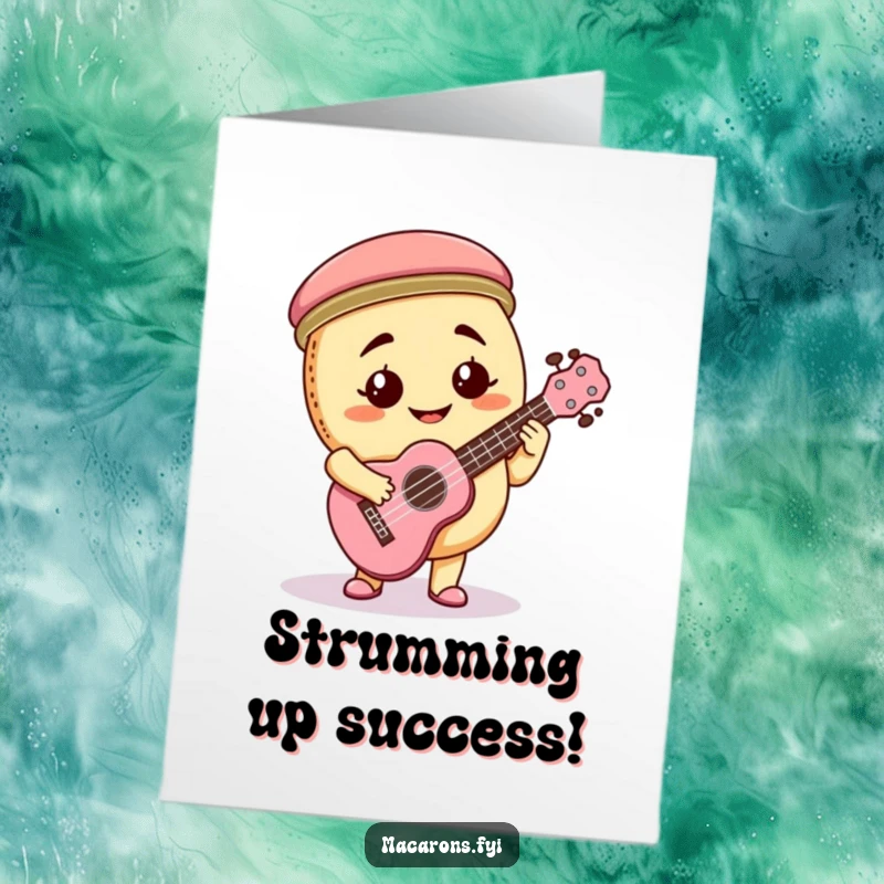 Funny Free Printable Congratulations Card: Goofy macaron character enthusiastically playing a tiny ukulele, celebrating success.