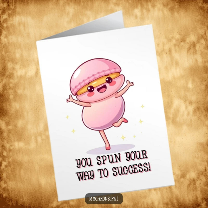Funny Free Printable Congratulations Card: A vibrant macaron doing a cartwheel with sparkles, celebrating success.