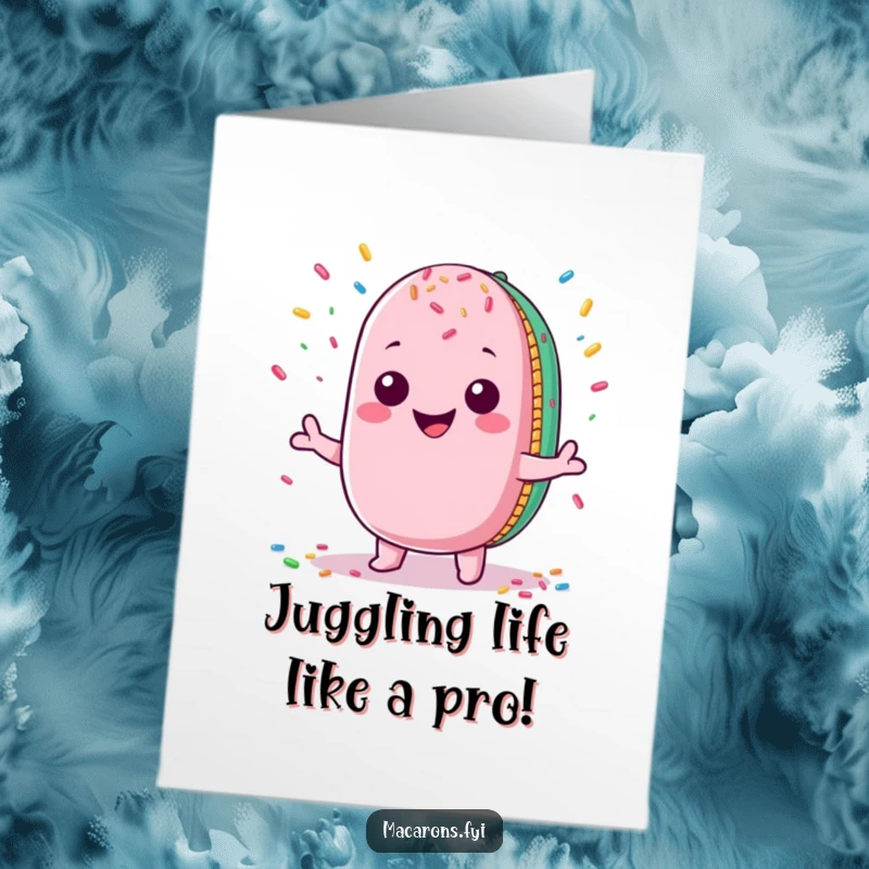 Funny Free Printable Congratulations Card featuring a kawaii macaron character skillfully juggling sprinkles with a wide, pleased grin.