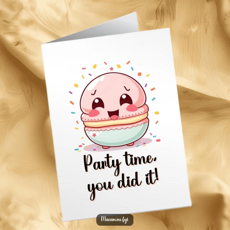 Funny Free Printable Congratulations Card: Laughing macaron character covered in colorful confetti, celebrating a big win.