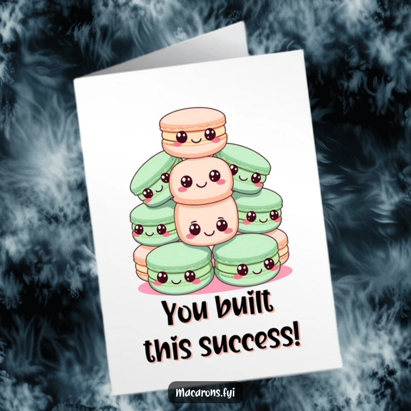 Funny Free Printable Congrats Card: Happy macarons form a pyramid, one balanced precariously, celebrating a sweet victory.