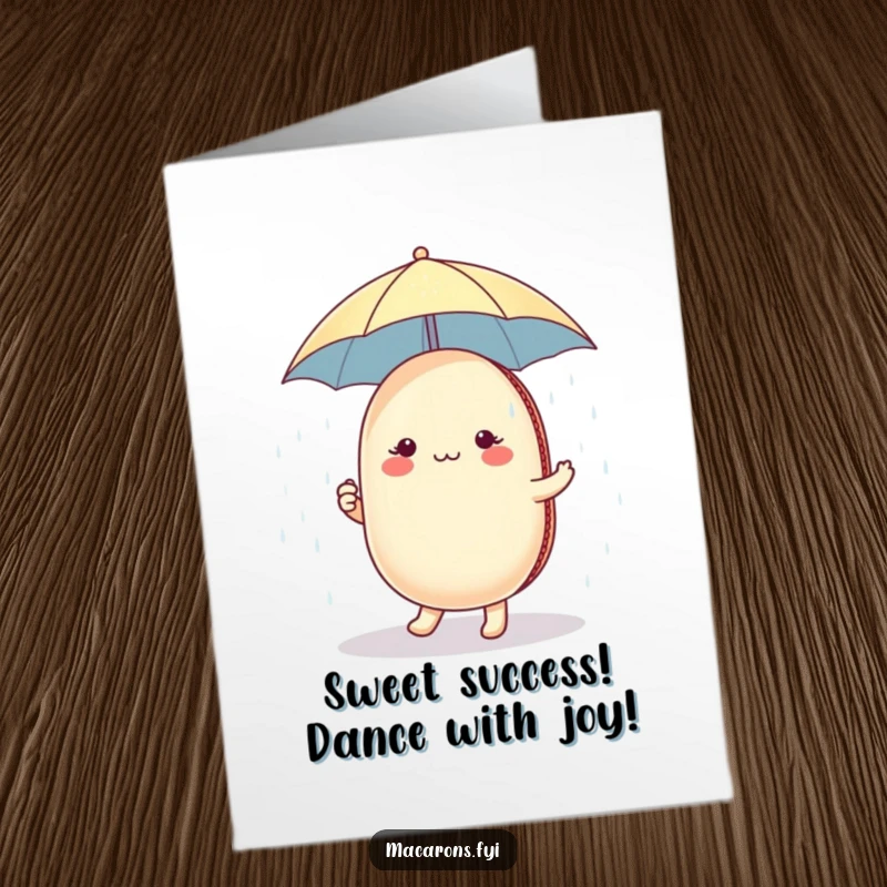 Funny Free Printable Congratulations Card: Happy macaron with umbrella dancing under a sugar shower, celebrating victory. A sweet downloadable.