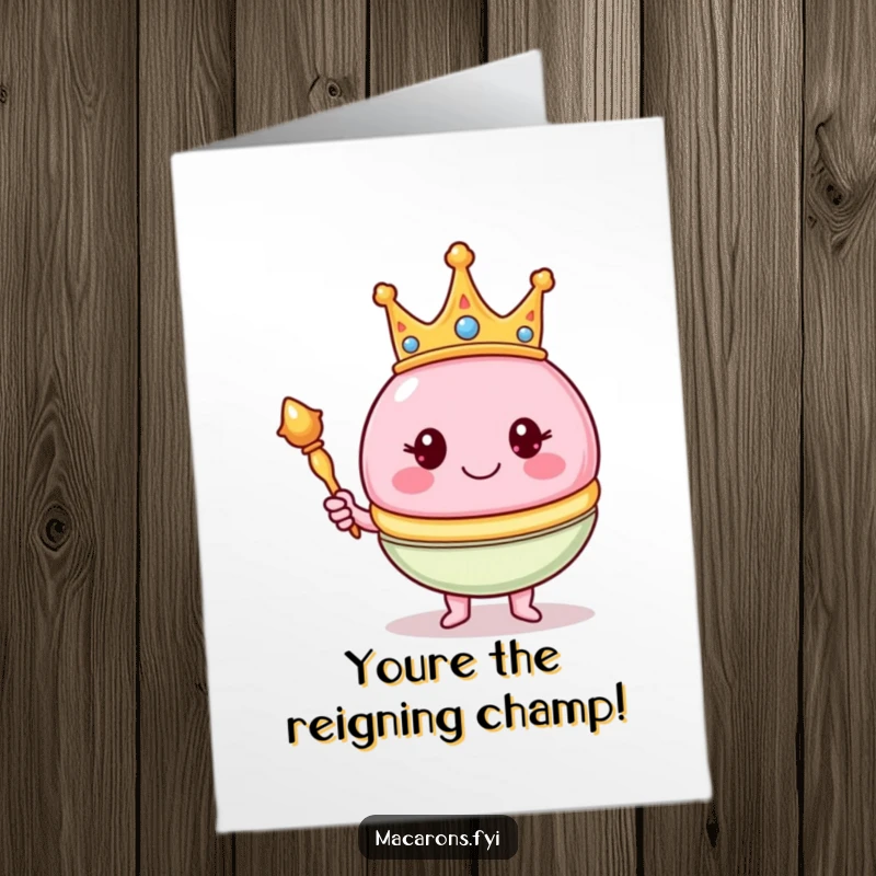 Funny Free Printable Congratulations Card: A smiling macaron in a crown holding a scepter, a majestic downloadable gift.