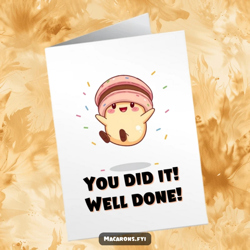 Funny Free Printable Congratulations Card: A cheerful macaron character doing a cartwheel amidst flying sprinkles.
