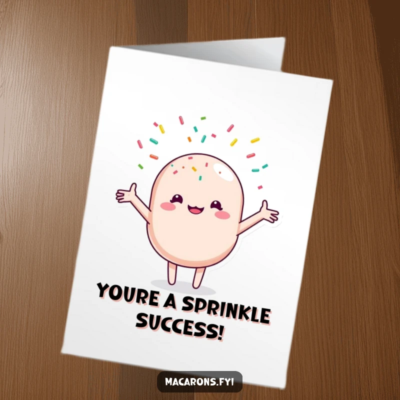 Free Printable Congratulations Card: Happy macaron receives a shower of colorful sprinkles, a festive downloadable card.