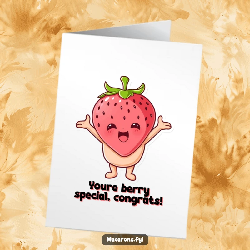 Funny Free Printable Congratulations Card: A macaron character joyfully embracing a giant strawberry, a delightful downloadable gift.