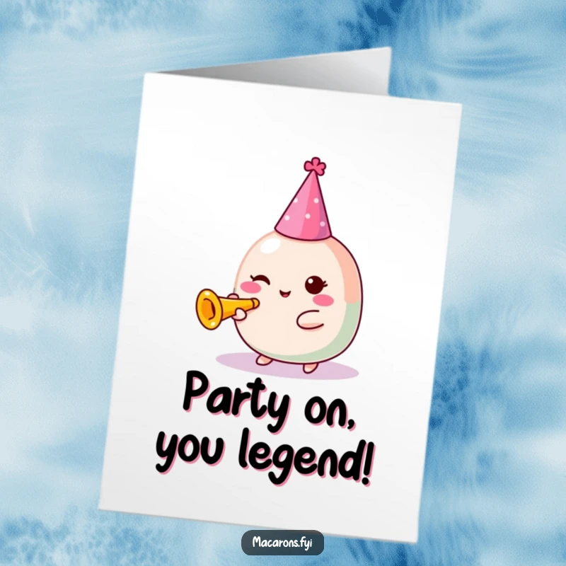 Funny Free Printable Congratulations Card with a kawaii macaron character wearing a party hat and joyfully blowing a tiny trumpet.