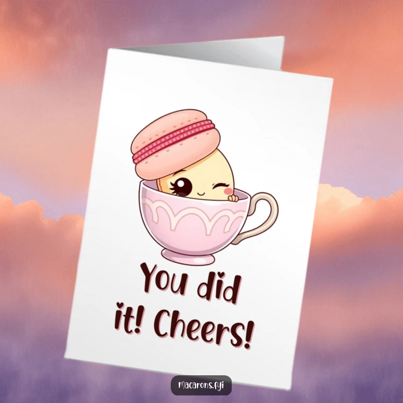 Funny Free Printable Congratulations Card: A macaron peeking from behind a giant teacup, offering a playful wink to share success.