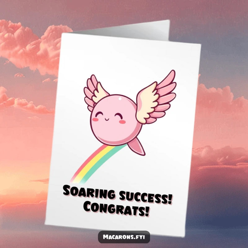 Funny Free Printable Congratulations Card: Adorable macaron character with feathered wings flying high, painting the air with a rainbow.