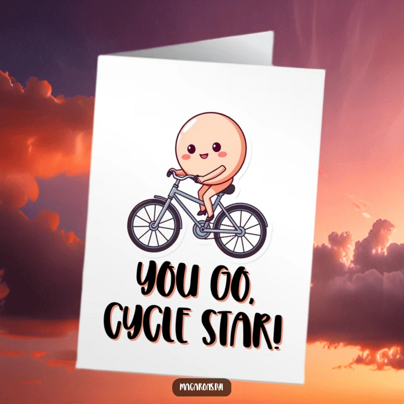 Funny free printable congratulations card: cheerful macaron character cycling with joy on a tiny bicycle, celebrating success.
