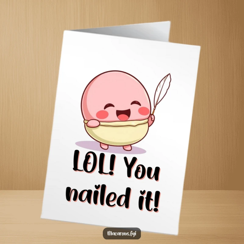 Funny Free Printable Kawaii Macaron Congratulations Card: A macaron character laughs heartily, tickled by a feather, signifying pure joy downloadable art.