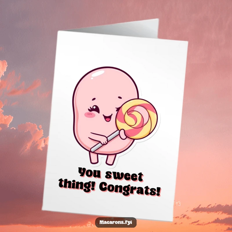Funny Free Printable Kawaii Macaron Congratulations Card: A winking macaron character brandishes a huge lollipop, celebrating success downloadable art.