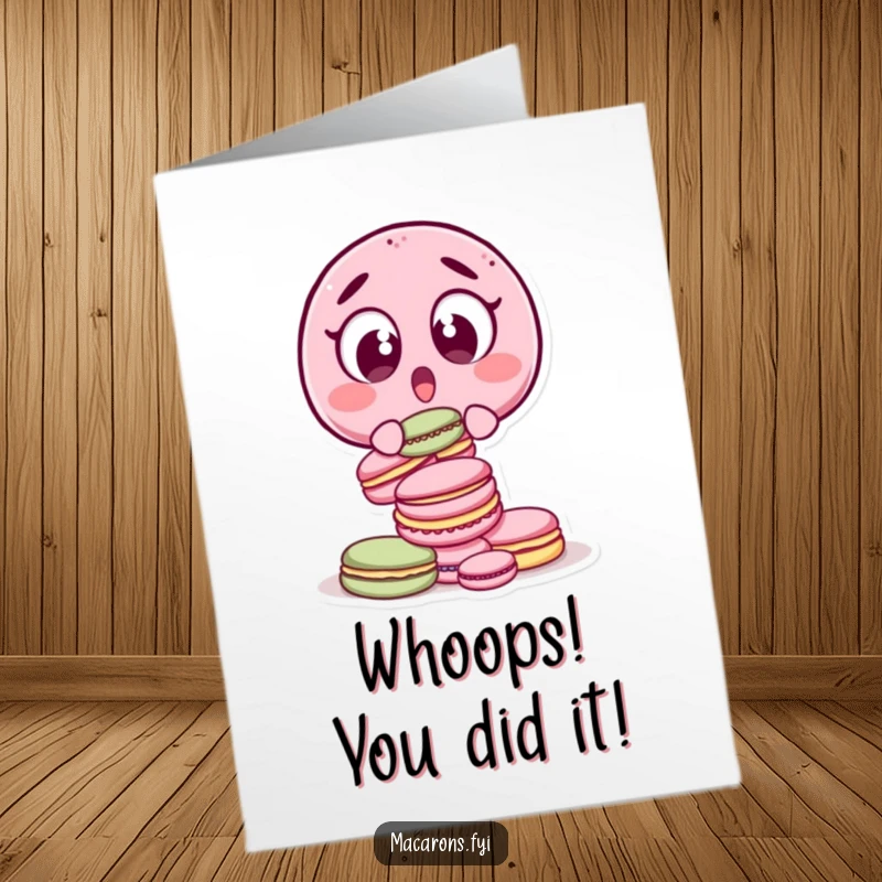 Funny Free Printable Congratulations Card: A wide-eyed macaron character looks shocked as a stack of macarons tumbles down, celebrating unexpected wins.