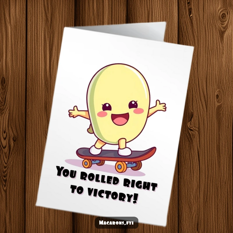 Funny Free Printable Congratulations Card: A smiling macaron character executes a playful skateboard trick, celebrating your successful endeavor with style.