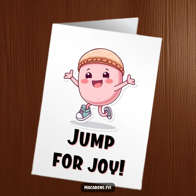 Funny Free Printable Congratulations Card featuring a macaron character in sneakers, joyfully leaping to celebrate an achievement.