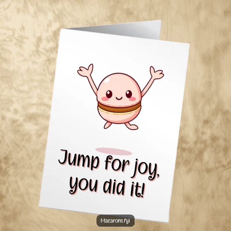 Funny Free Printable Congratulations Card with a kawaii macaron character happily leaping into the air with outstretched arms.