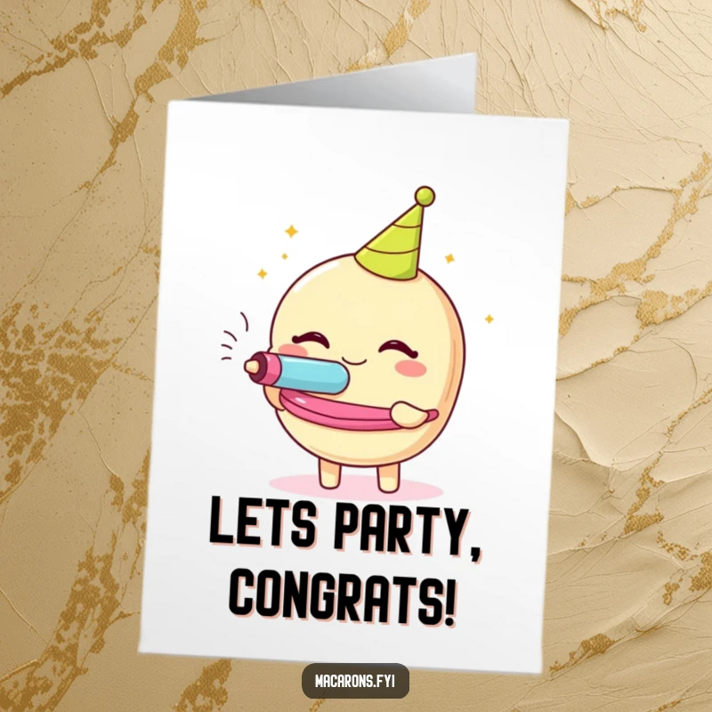 Funny Free Printable Congratulations Card with a macaron character blowing a party blower, celebrating a great achievement with glee.