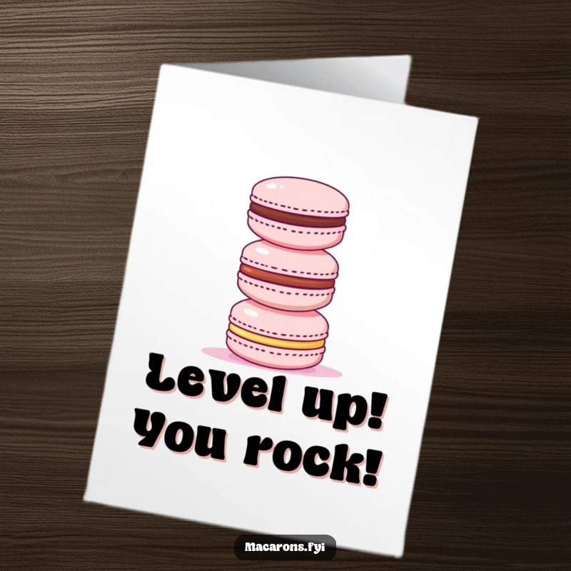 Funny Free Printable Congratulations Card featuring a triumphant macaron successfully stacking smaller macarons, highlighting a grand achievement.