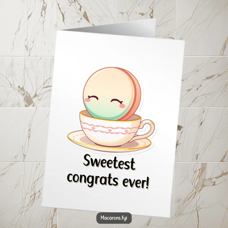 Funny Free Printable Macaron Congratulations Card: A serene macaron floats with eyes closed on a teacup.