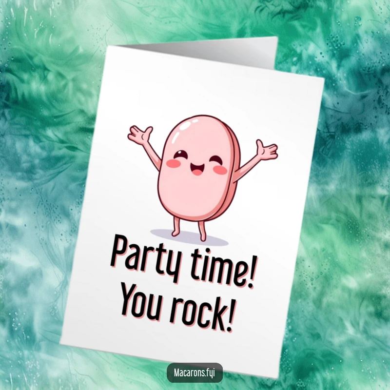Funny Free Printable Congratulations Card: A macaron doing a joyful, wobbly dance with arms outstretched, celebrating a win.