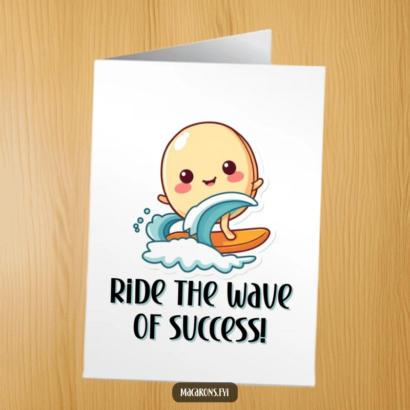 Funny Free Printable Congratulations Card showing a happy macaron masterfully surfing a small wave, celebrating success with a chill attitude.