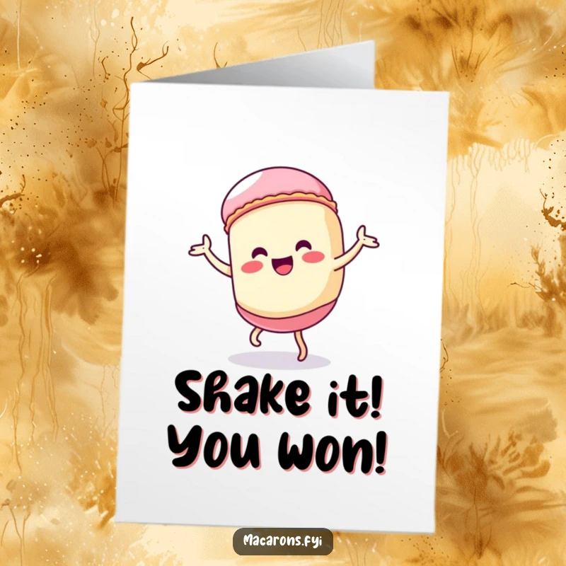 Funny Free Printable Kawaii Macaron Congratulations Card: A macaron character performs an exaggerated silly dance, celebrating achievements downloadable art.