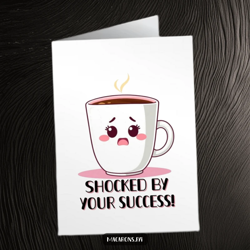 Funny Free Printable Congratulations Card: A startled macaron character cautiously peeking from behind a colossal coffee mug.
