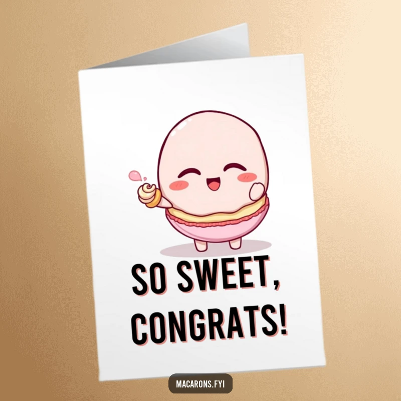 Funny Free Printable Congratulations Card: Macaron character in fits of giggles, tickled by a whimsical frosting swirl.