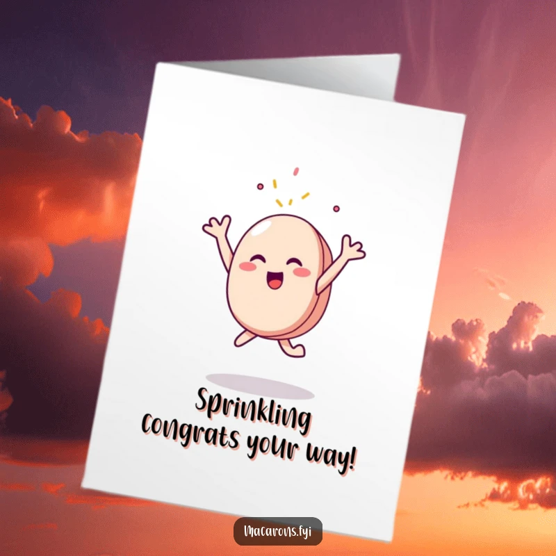 Funny Free Printable Congratulations Card: Jubilant macaron character leaping with excitement, reaching for a shower of delicious sprinkles.