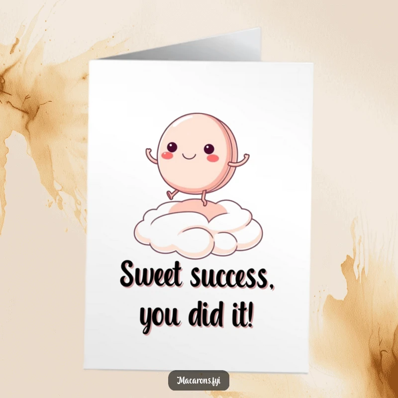 Funny Free Printable Congratulations Card: A joyful macaron with tiny legs bouncing on a cream cloud, a cute downloadable gift.