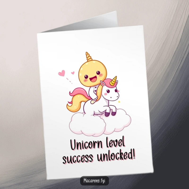 Funny Free Printable Congratulations Card: A happy macaron rides a unicorn through candy clouds, celebrating achievement.