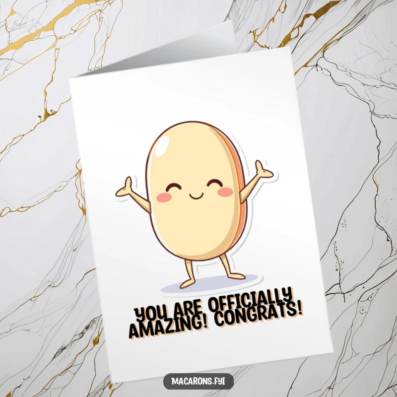 Funny Free Printable Congratulations Card: A cheerful macaron character in a comically awkward pose, celebrating big moments with laughter.