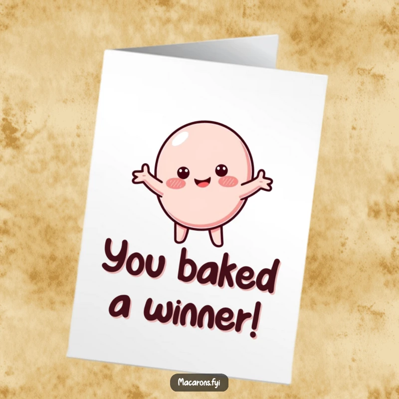 Funny free printable congratulations card showing a macaron character with a happy blush, spinning in a circle with arms spread wide.