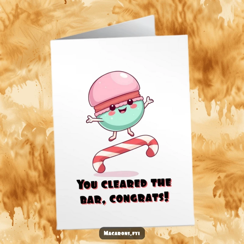 Funny Free Printable Congratulations Card: A happy macaron performing a joyful leap over a candy cane loop.