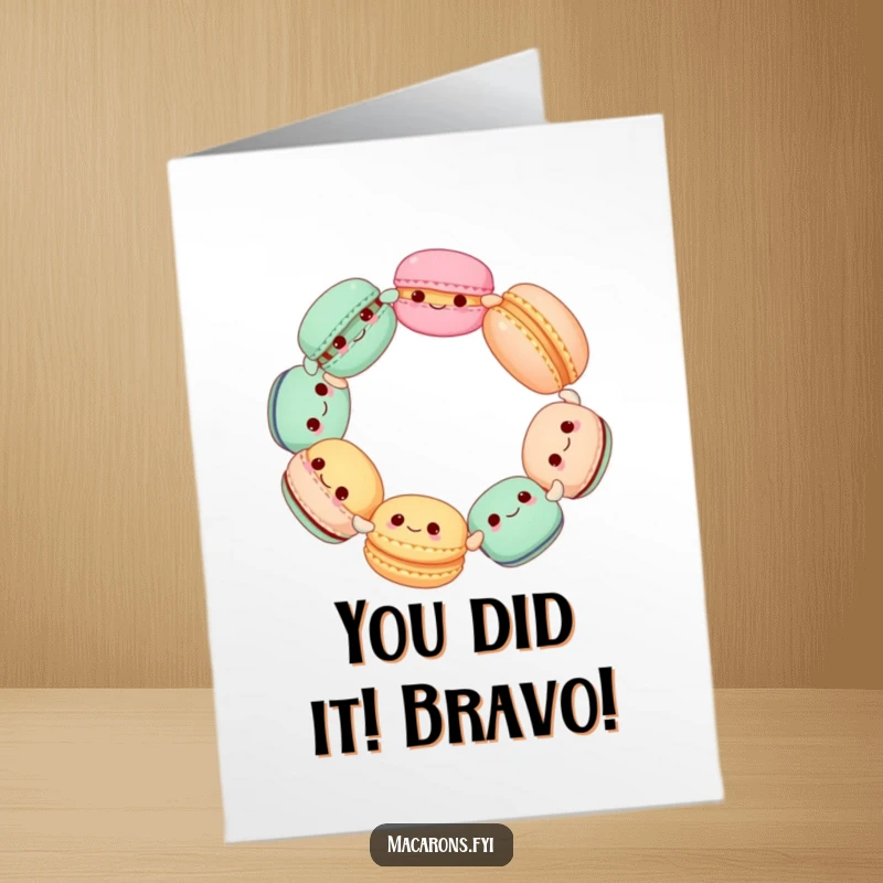 Funny Free Printable Congrats Card: Energetic macarons performing a happy spinning circle dance to celebrate success.
