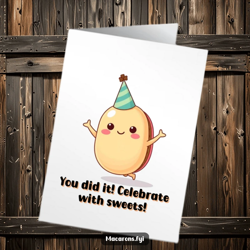 Funny Free Printable Congratulations Card showing a joyous macaron mid-air, perfect for celebrating achievements with humor.