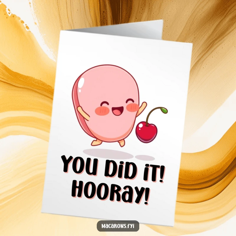 Funny Free Printable Congratulations Card showing a blushing macaron celebrating a cherry landing, ideal for a delightful downloadable gift.