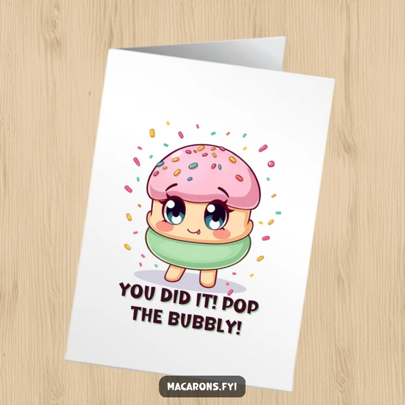 Funny Free Printable Congratulations Card: Overjoyed macaron engulfed in colorful confetti, celebrating achievement. A vibrant downloadable.