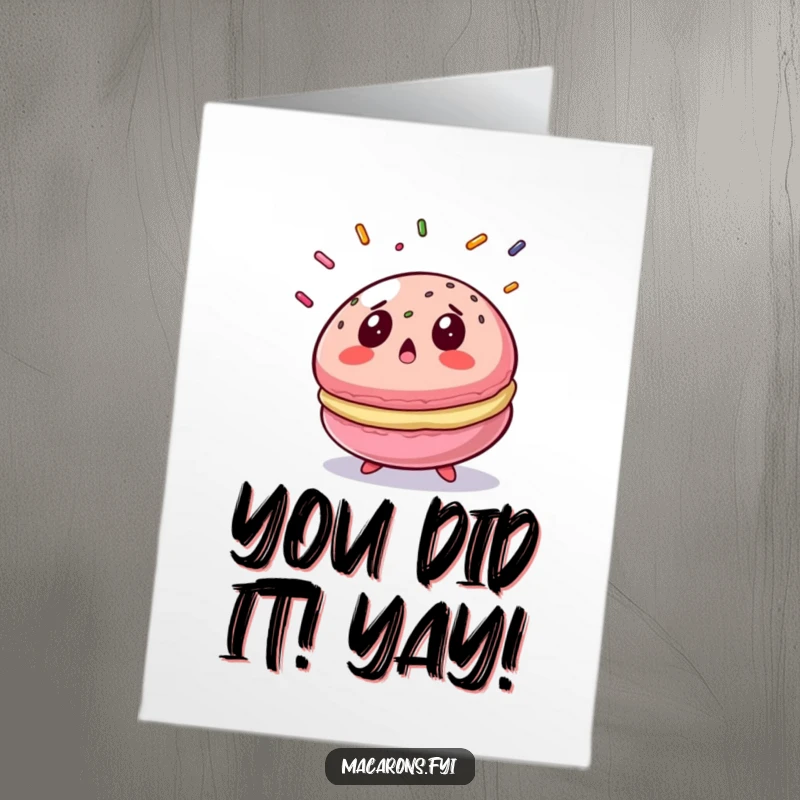 Funny Free Printable Congratulations Card: A wide-eyed macaron looks up in shock at falling sprinkles, perfect for celebrating.