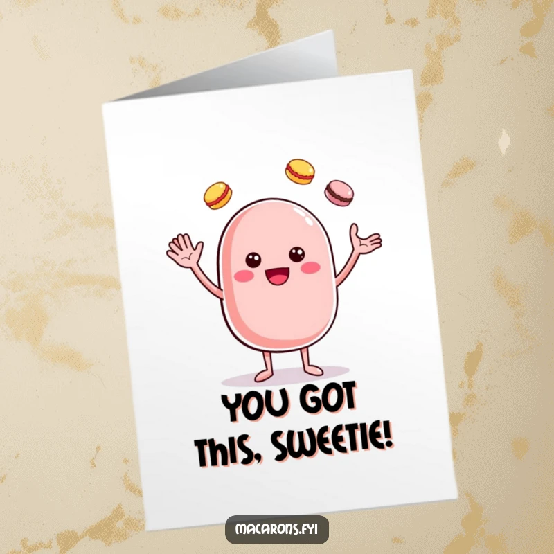 Funny Free Printable Congratulations Card: A happy macaron character juggles multiple smaller macarons, celebrating your fantastic success with style and sweetness.