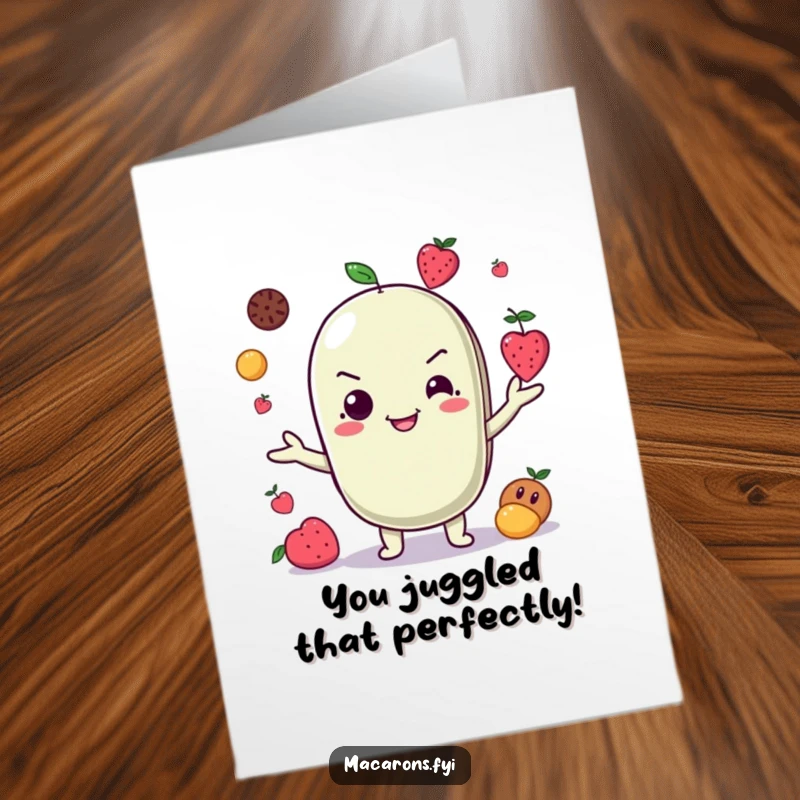 Funny Free Printable Congratulations Card: A grinning macaron character skillfully juggling an assortment of tiny fruits in mid-air.