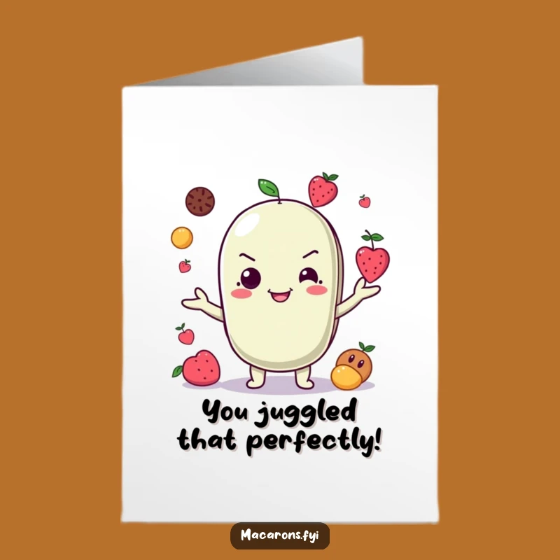 Free Printable Congratulations Card: Juggling Macaron Fruits Funny Downloadable Gift