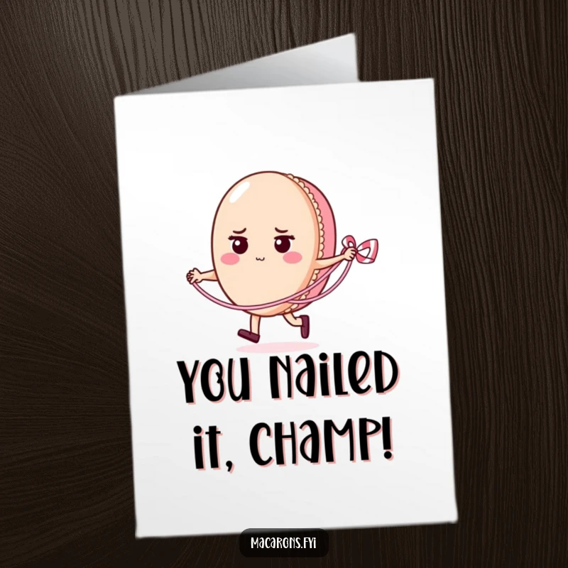 Free Printable Congratulations Card: Energetic macaron skips rope, a funny downloadable greeting for any win.
